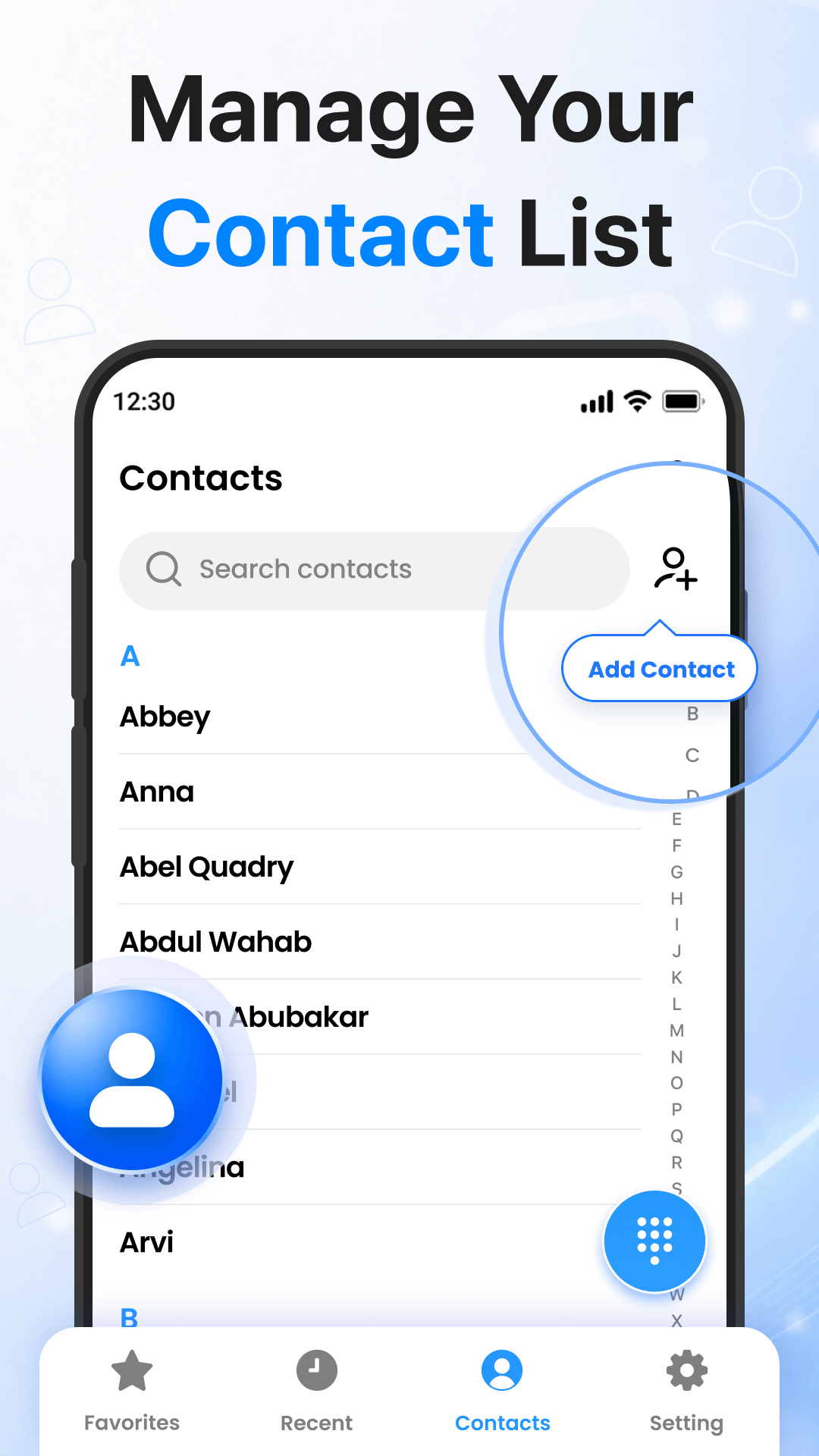 Contacts list screen